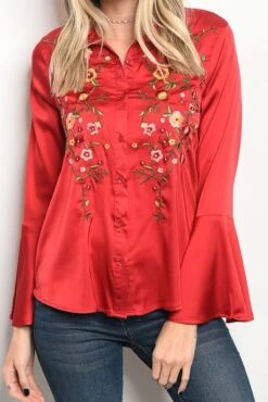 Embroidery Bell Sleeve Satin Blouse