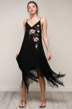 Black Fringe & Embroidered Dress