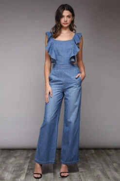 Ruffled Denim Tie Back Jumpsuit