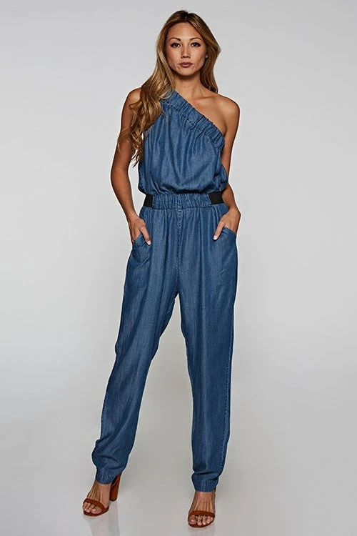 Denim One-Shoulder Jumpsuit 1 Denim One-Shoulder Jumpsuit