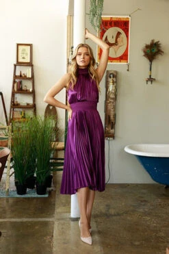 Berry Pleated Halter Dress