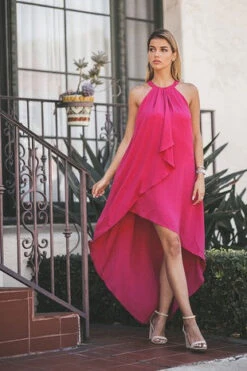 Magenta Hi-Lo Draped Gown
