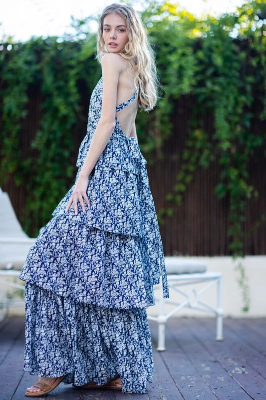 Navy Blue Tie Back Tiered Maxi Dress 5 Navy Blue Tie Back Tiered Maxi Dress - Image 5