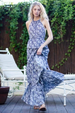 Navy Blue Tie Back Tiered Maxi Dress