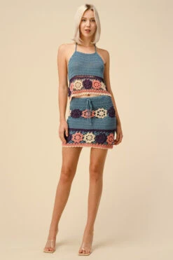 Teal Crochet Halter Skirt Set