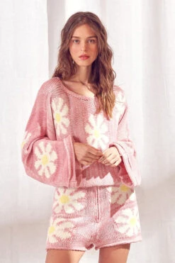 Pink Daisy Knit Sweater And Shorts Set