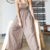 Brown Smocked Polka Dot Printed Jumpsuit