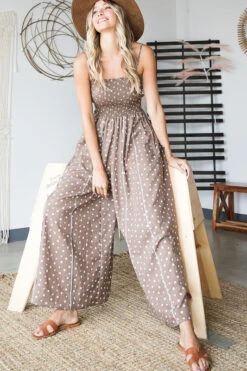Brown Smocked Polka Dot Printed Jumpsuit