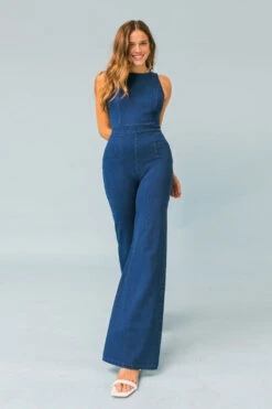 Indigo Denim Sleeveless Jumpsuit.