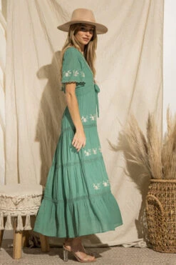 TEAL FLORAL BOHO-CHICEmbroidered Maxi Dress