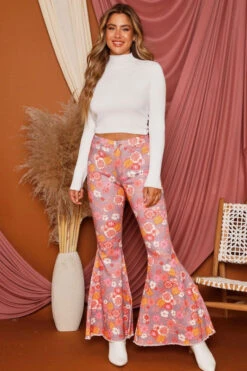 Rust Floral Printed Bell Bottom Jeans