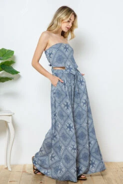 Bandeau Smocked Crop Top And Palazzo Pant Set