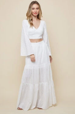 White Bell Sleeves Top And Skirt Set