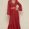Terracotta Bell Sleeves Top And Skirt Set