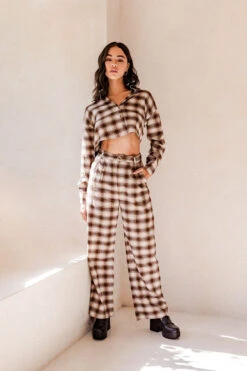 Plaid Crop Long Sleeve And Pant Set