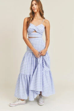 Blue Paid Twist Tube Top And Skirt Set.