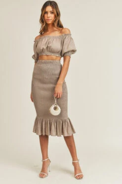 Mocha Off Shoulder, Skirt Set