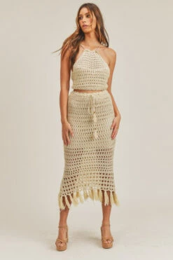 Cream Crochet Crop Top And Midi Skirt