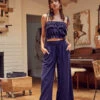 Navy Linen Ruffled Crop Top & Pant Set
