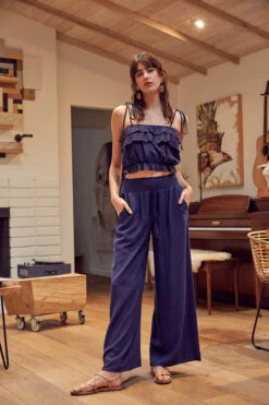 Navy Linen Ruffled Crop Top & Pant Set