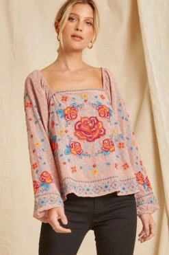 Rose Embroidered Mauve Midi Blouse