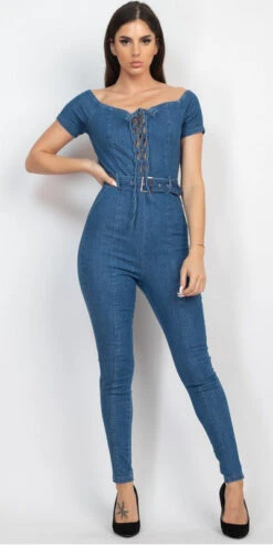 Lace-Up Denim Jumpsuit