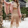 Beige Knit Rib Top & Fringe Skirt