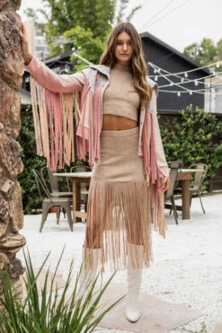 Beige Knit Rib Top & Fringe Skirt