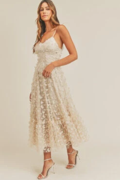 CREAM BUTTERFLY MESH LACE UP BACK BUSTIER MIDI DRESS