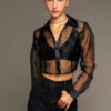 Long Sleeve Collared Sheer Crop Top