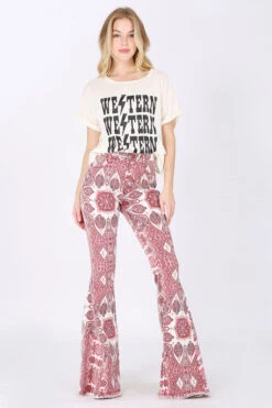 Wine Paisley Print Flared Pants