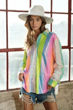 Multi Strip Rainbow Sequin Blouse