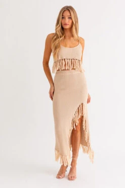 Crochet Knit Midi Fringe Skirt & Fringe Crop Top
