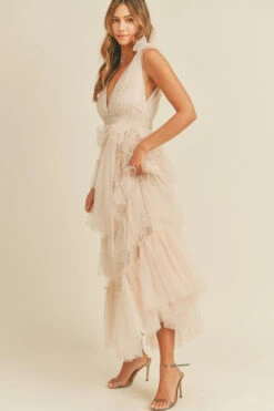 Cream Pearl Studded Mesh Maxi