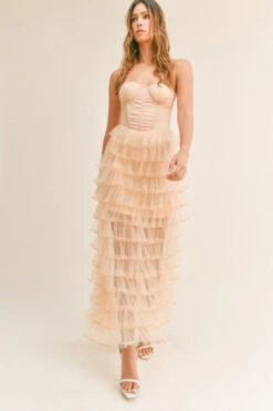 Taupe Corset Ruffle Tiered Maxi Dress