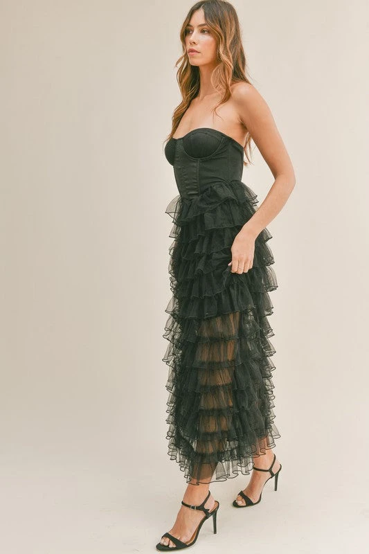 Black Corset Ruffle Tiered Maxi Dress 2 Black Corset Ruffle Tiered Maxi Dress - Image 2