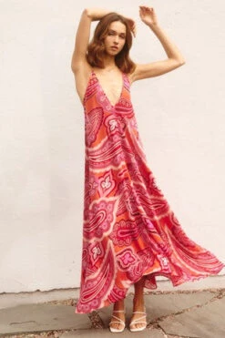 Pink Paisley Print Satin Dress