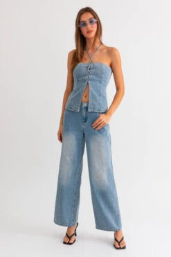 Denim Halter Neck Lace-up Top