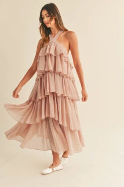 BEIGE HALTER RUFFLE DRESS