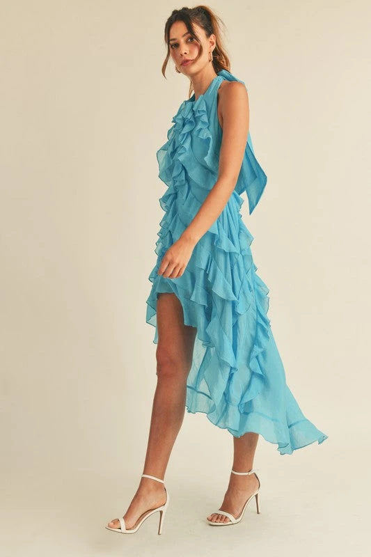 AQUA BLUE HALTER RUFFLE DRESS 2 AQUA BLUE HALTER RUFFLE DRESS - Image 2