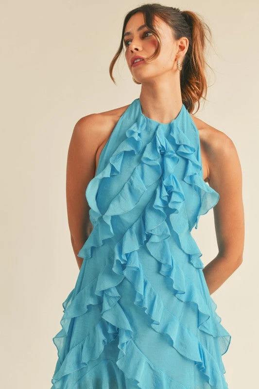 AQUA BLUE HALTER RUFFLE DRESS 3 AQUA BLUE HALTER RUFFLE DRESS - Image 3