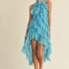 AQUA BLUE HALTER RUFFLE DRESS