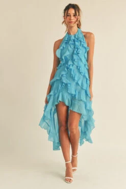 AQUA BLUE HALTER RUFFLE DRESS