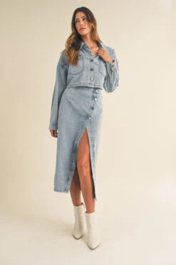 Denim Crop Jacket And Skirt Set