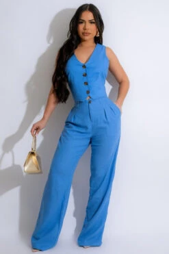 Blue Linen Vest And Pant Set