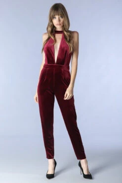 Burgundy Deep V-neck Jumpsuit