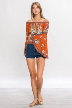 Romantic Open Shoulder Floral Blouse -Hippie Vibe Tribe Shop 6203804 T fullit9481rust03