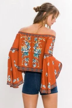 Romantic Open Shoulder Floral Blouse -Hippie Vibe Tribe Shop 6203804 T funit9481rust10