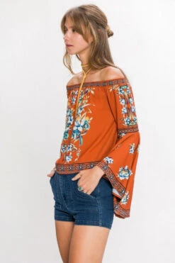 Romantic Open Shoulder Floral Blouse -Hippie Vibe Tribe Shop 6203804 T sideit9481rust06