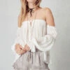 Ruffled Open Shoulder Chiffon Blouse